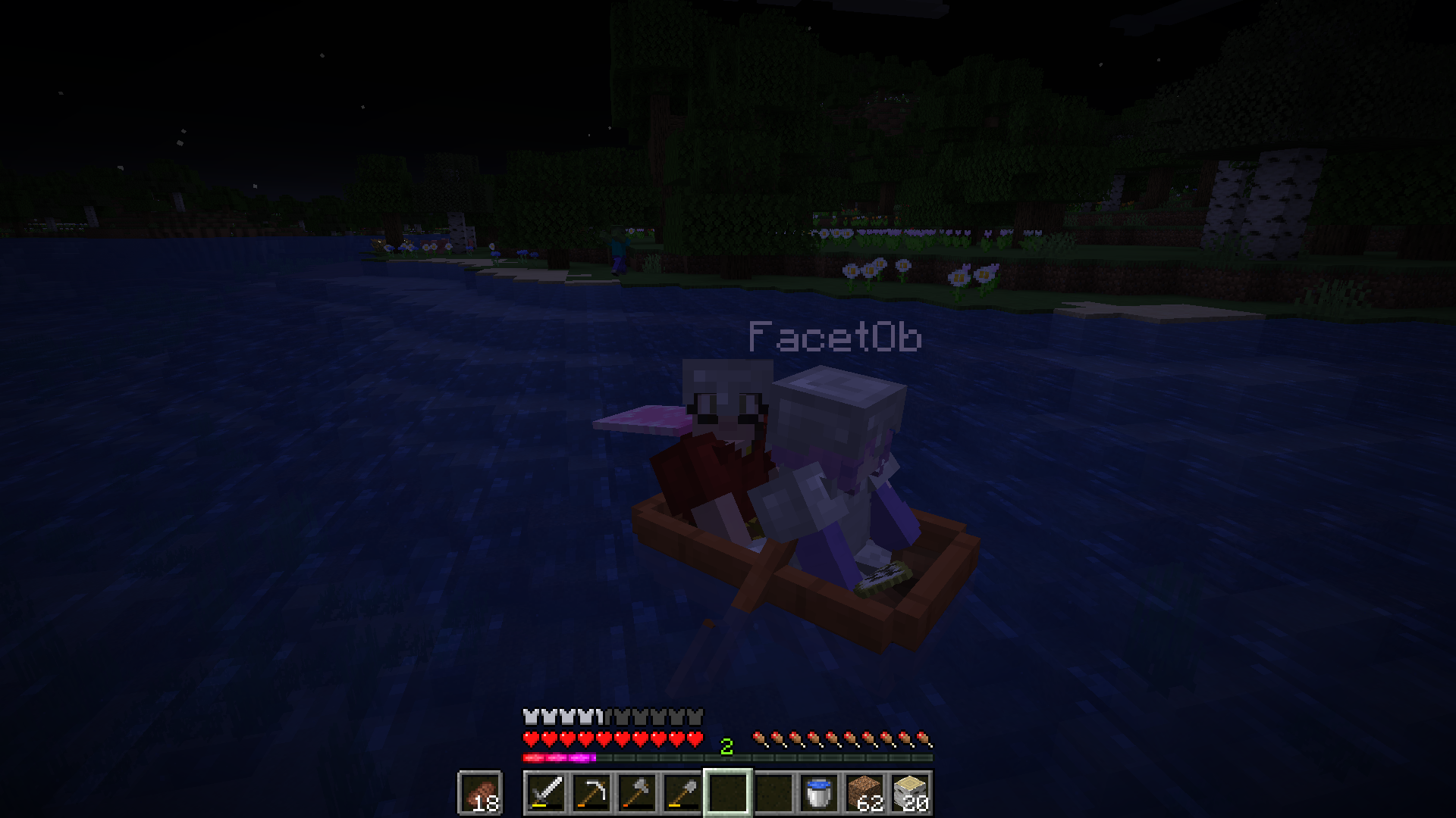 Nachts. Alice und ich fahren in einem Boot einen Fluss hinunter. Mein Umhang flattert im Wind. Am Ufer steht ein Zombie, der uns ins Visier genommen hat.